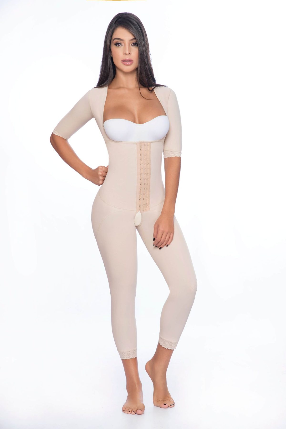 Braless full body under knee faja with sleeves and hook closure